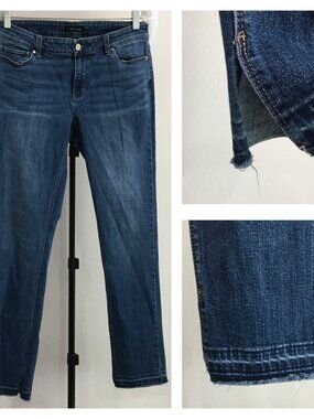 WHBM WHITE HOUSE BLACK MARKET Med/Dark Wash Slim Fray Released Hem w Slit Jeans